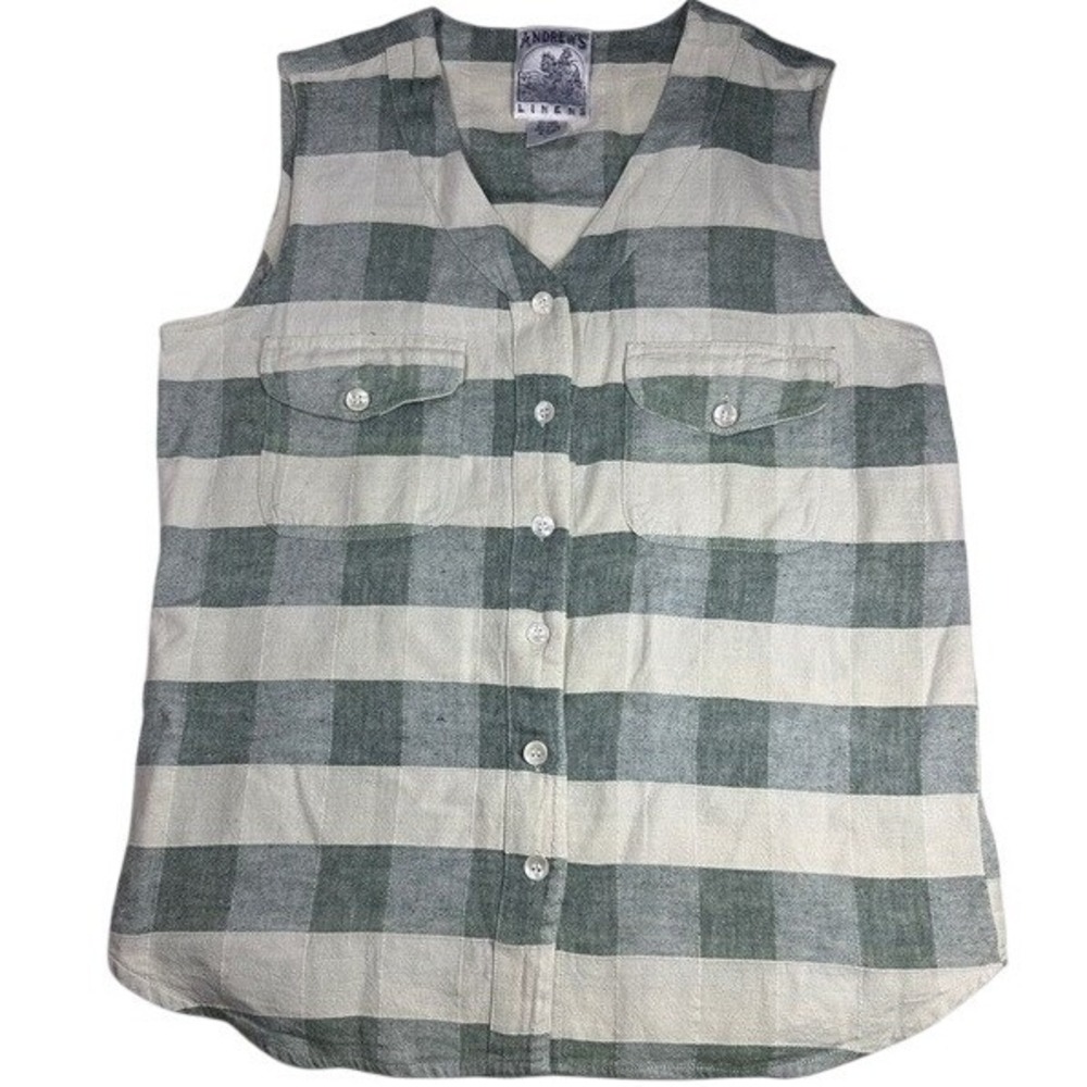Andrew's Linens Women's Green Cream Plaid Linen Blend Sleeveless Top Shirt Large